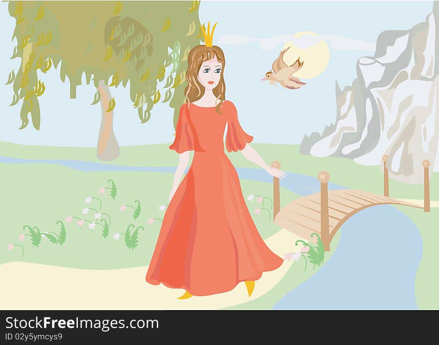 Princess with a bird. Tale. Vector illustration.