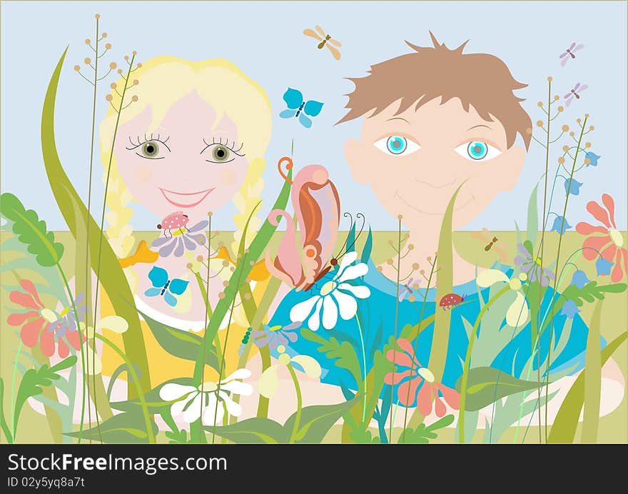 Children with flowers. Summer. Vector illustration. Children with flowers. Summer. Vector illustration.