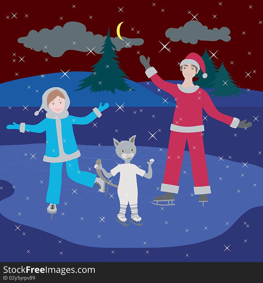 Kids on skates. Winter. Vector illustration. Kids on skates. Winter. Vector illustration.