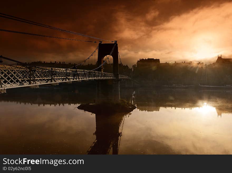 Footbridge in Lyon and morning light. Footbridge in Lyon and morning light