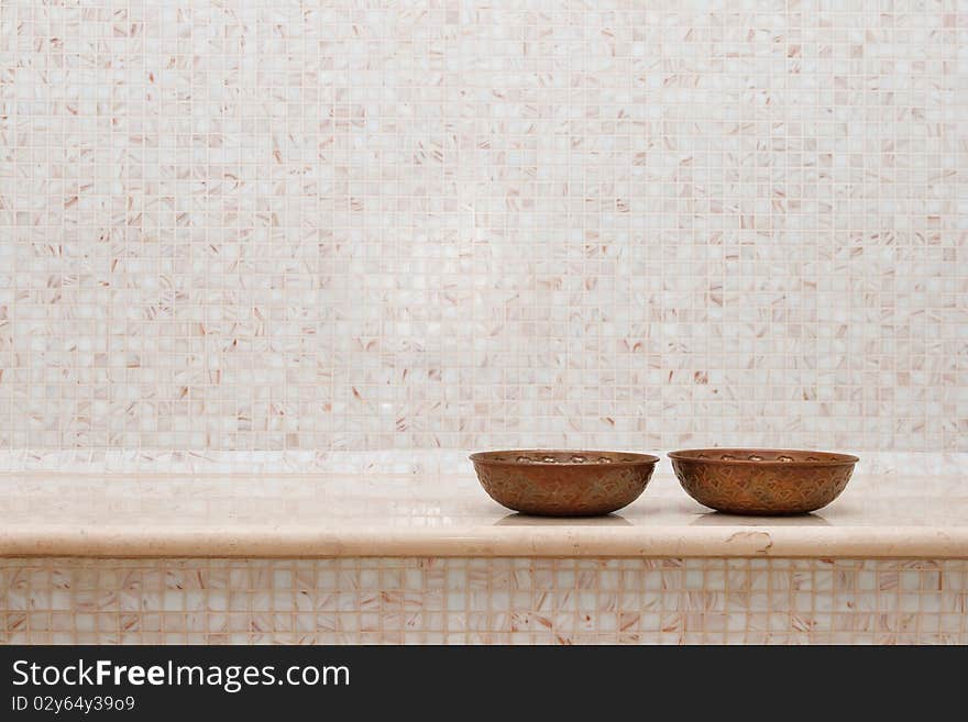 Two copper bowl in turkish bath. Two copper bowl in turkish bath