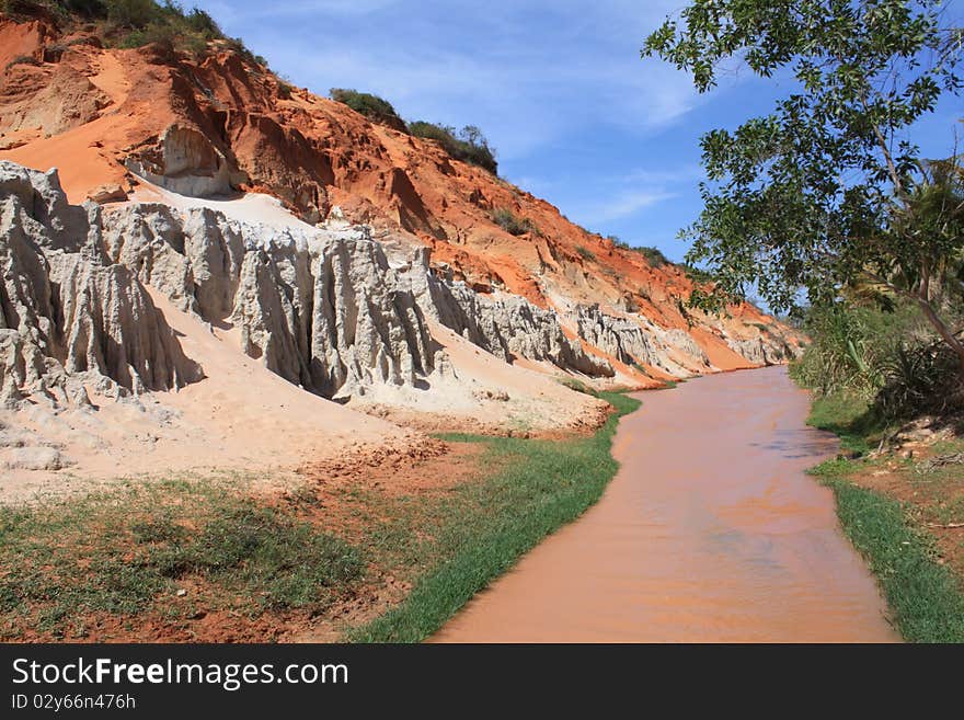 Red river between rocks and jungle