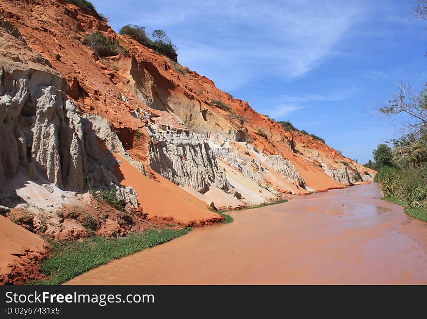 Red river between rocks and jungle. Red river between rocks and jungle