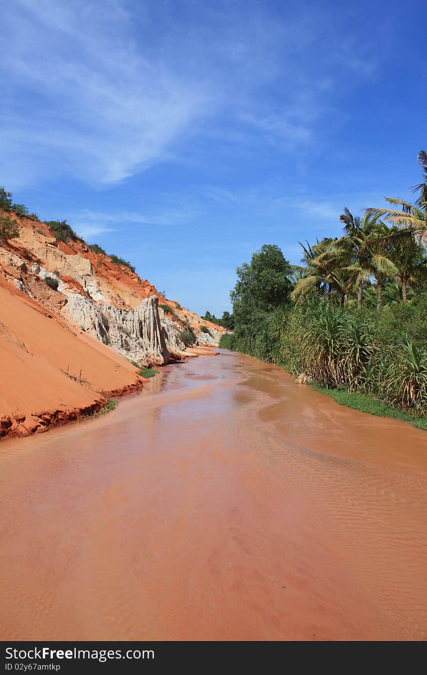 Red river between a sandy dune and the jungle