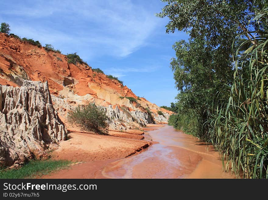 Red river between rocks and jungle. Red river between rocks and jungle