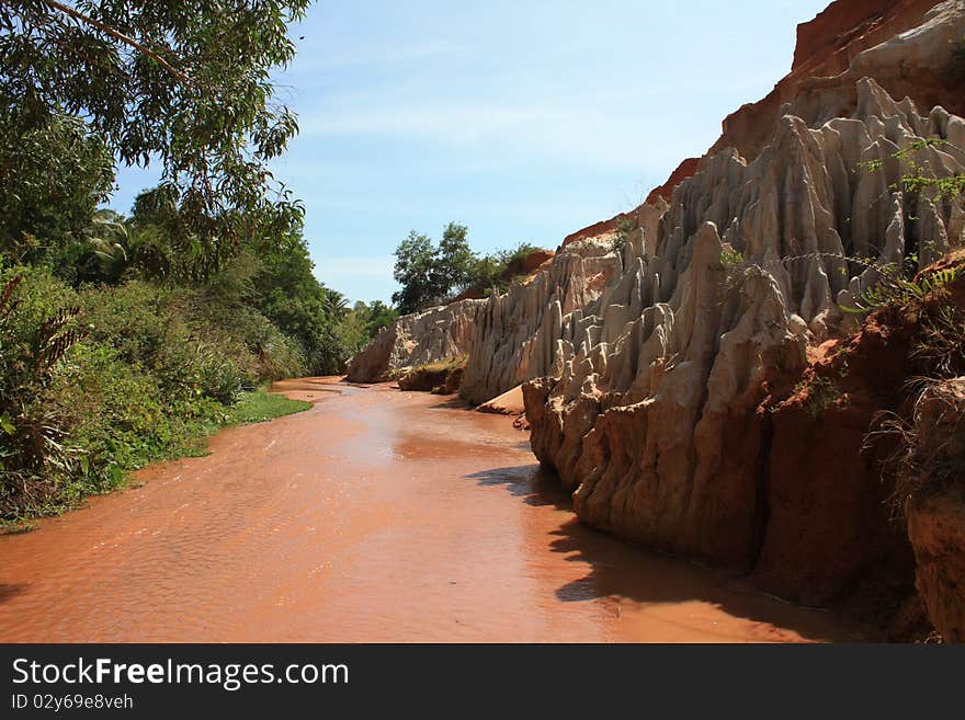 Red river between rocks and jungle