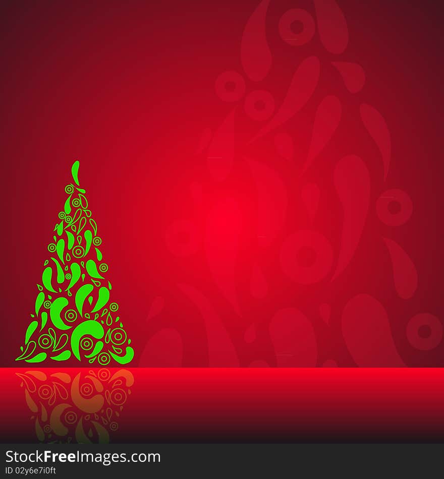 Red Christmas background with fancy tree. Vector.