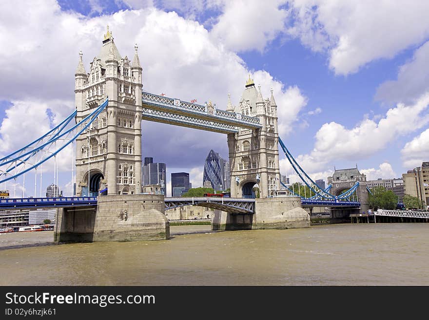 Bridge on the river thames in the background the city of London. Bridge on the river thames in the background the city of London