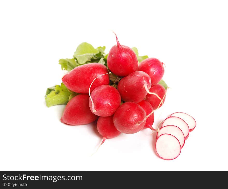 Red radishes isolated on white background