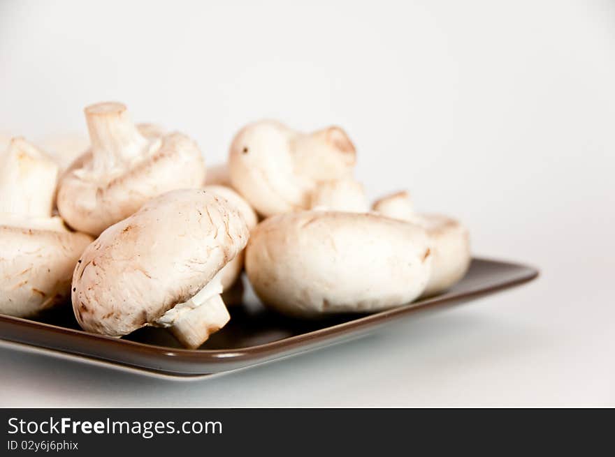 Close up of white mushroom on a brown plate with isolating background