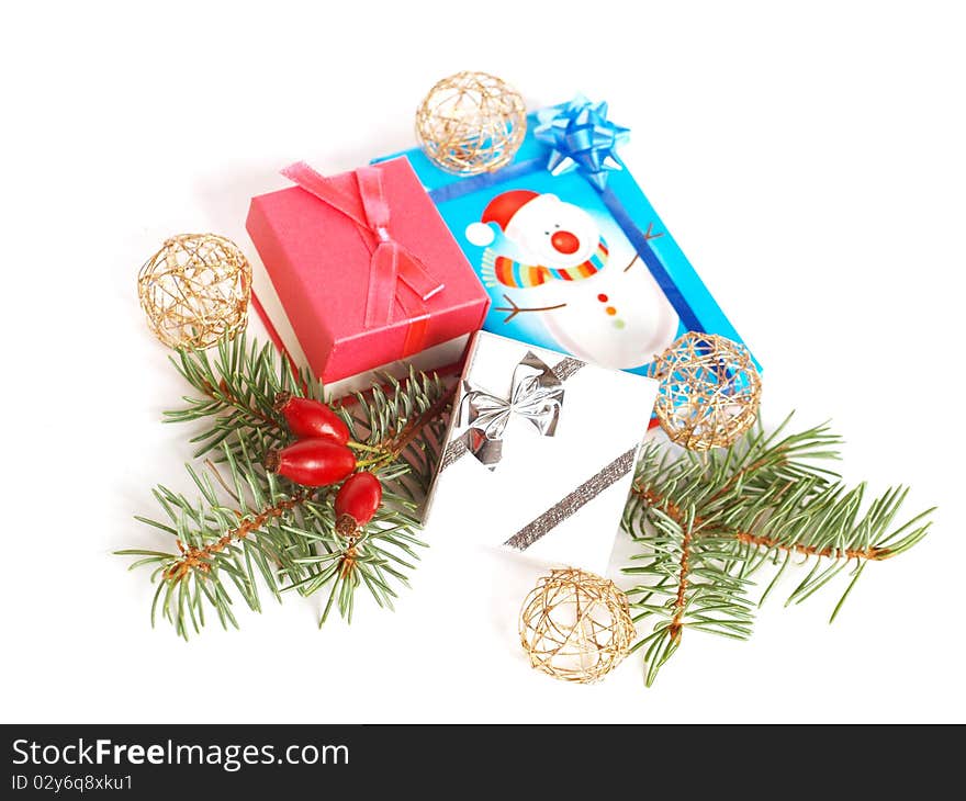 Three Christmas gifts decoration on white background