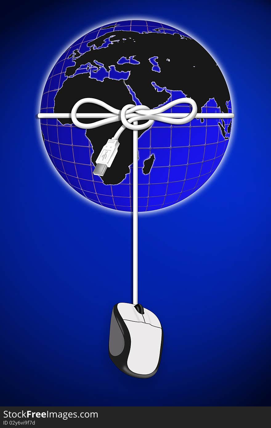 A pc mouse with usb cable around the world. A pc mouse with usb cable around the world.