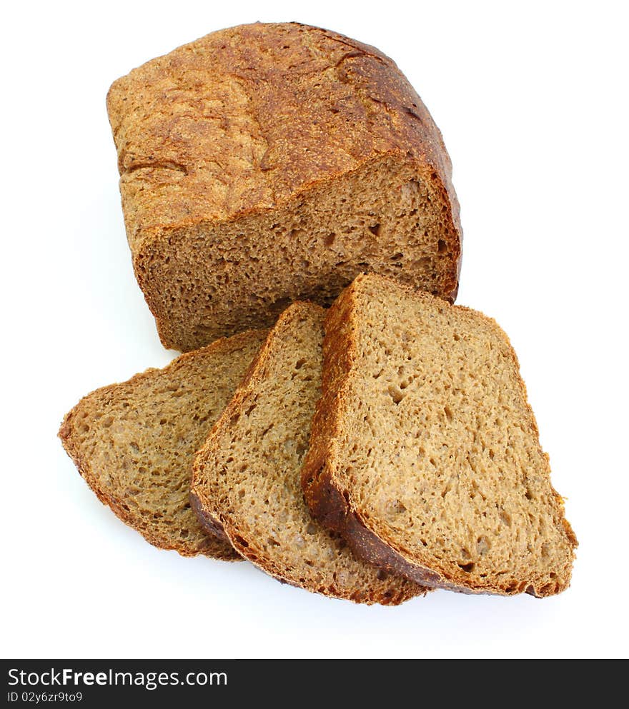 Black rye bread with the fried crust is isolated on a white background