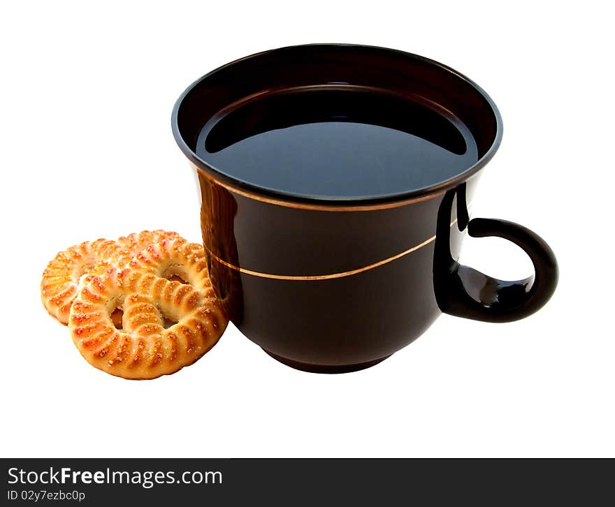 Black coffee with biscuits on a white background