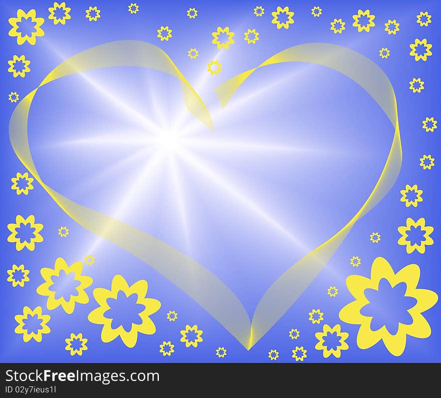 Abstract blue background with a yellow heart and lots of flowers. Abstract blue background with a yellow heart and lots of flowers