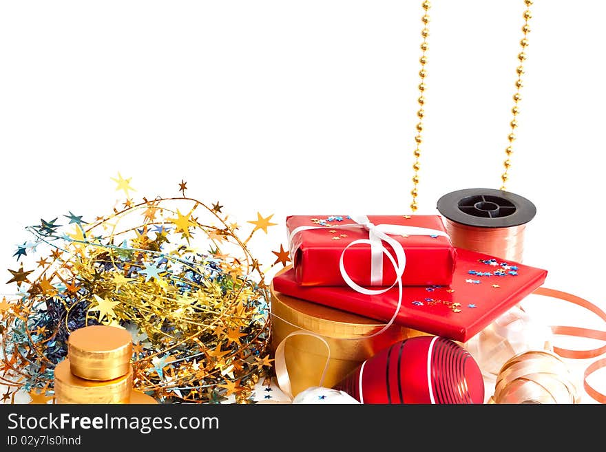 Christmas decorations with gift box on a white background. Christmas decorations with gift box on a white background.