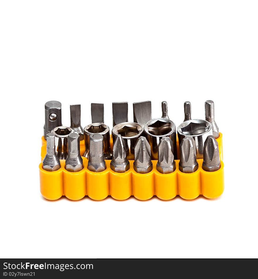 Set of various heads of screwdriver isolated on white background. Set of various heads of screwdriver isolated on white background.