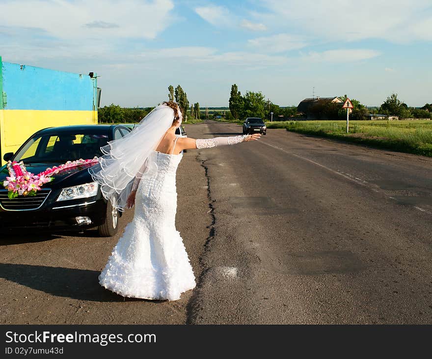 Young beautiful bride hitch-hike at the road