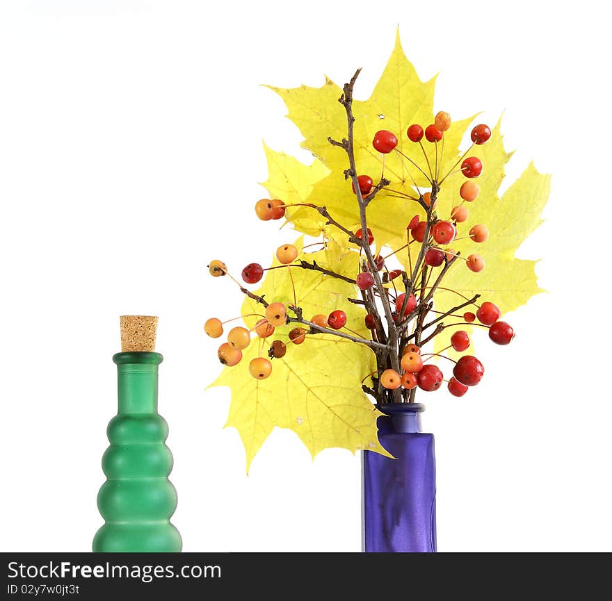 Autumn bouquet of branches with small apples and maple leaves to color a glass vase on a white background