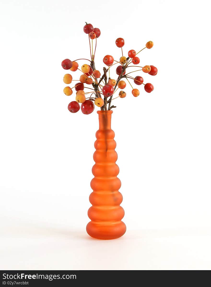 Still life of a branch with small apples in colored glass vase