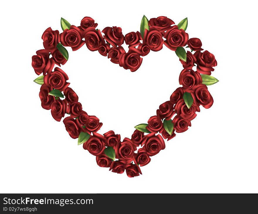 Red Rose frame in the shape of heart, isolated, render/illustration