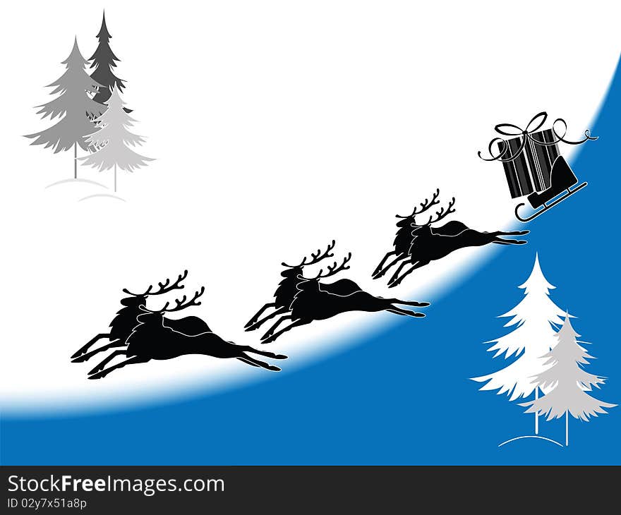 Christmas postcard with the silhouette of the reindeer