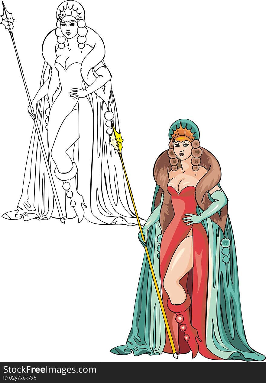 Tsarevna was dressed in fur coat and kept in hand spear. Vector illustration - color + b/w versions. Tsarevna was dressed in fur coat and kept in hand spear. Vector illustration - color + b/w versions.