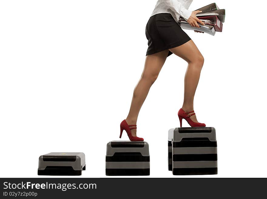 Businesswoman running up on stepps with folder documents (Running on the career ladder). Businesswoman running up on stepps with folder documents (Running on the career ladder)