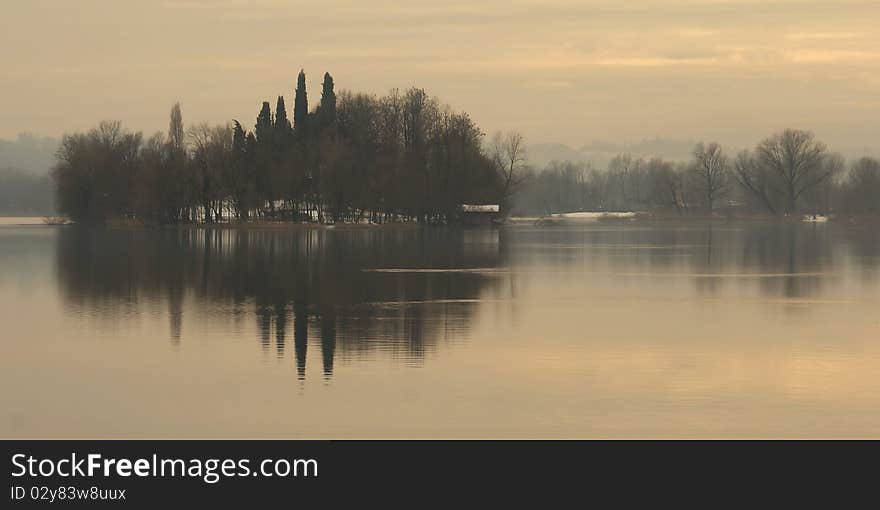 Island on a lake in Italy