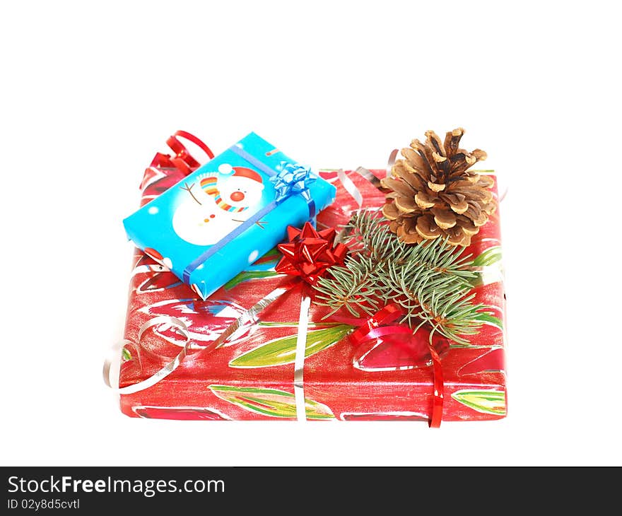 Two Christmas presents on white background. Two Christmas presents on white background