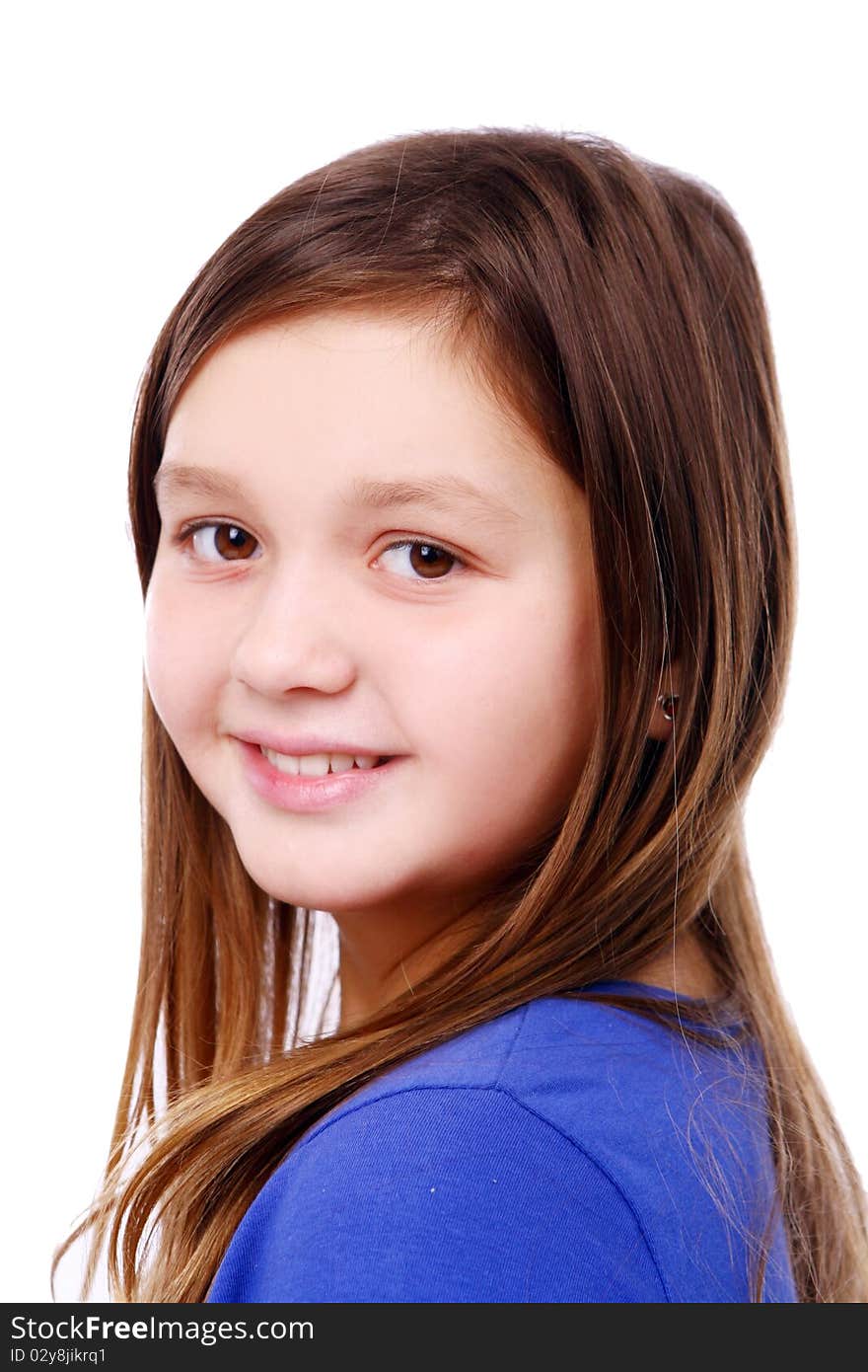 Cute little girl with long hair posing on white background. Cute little girl with long hair posing on white background