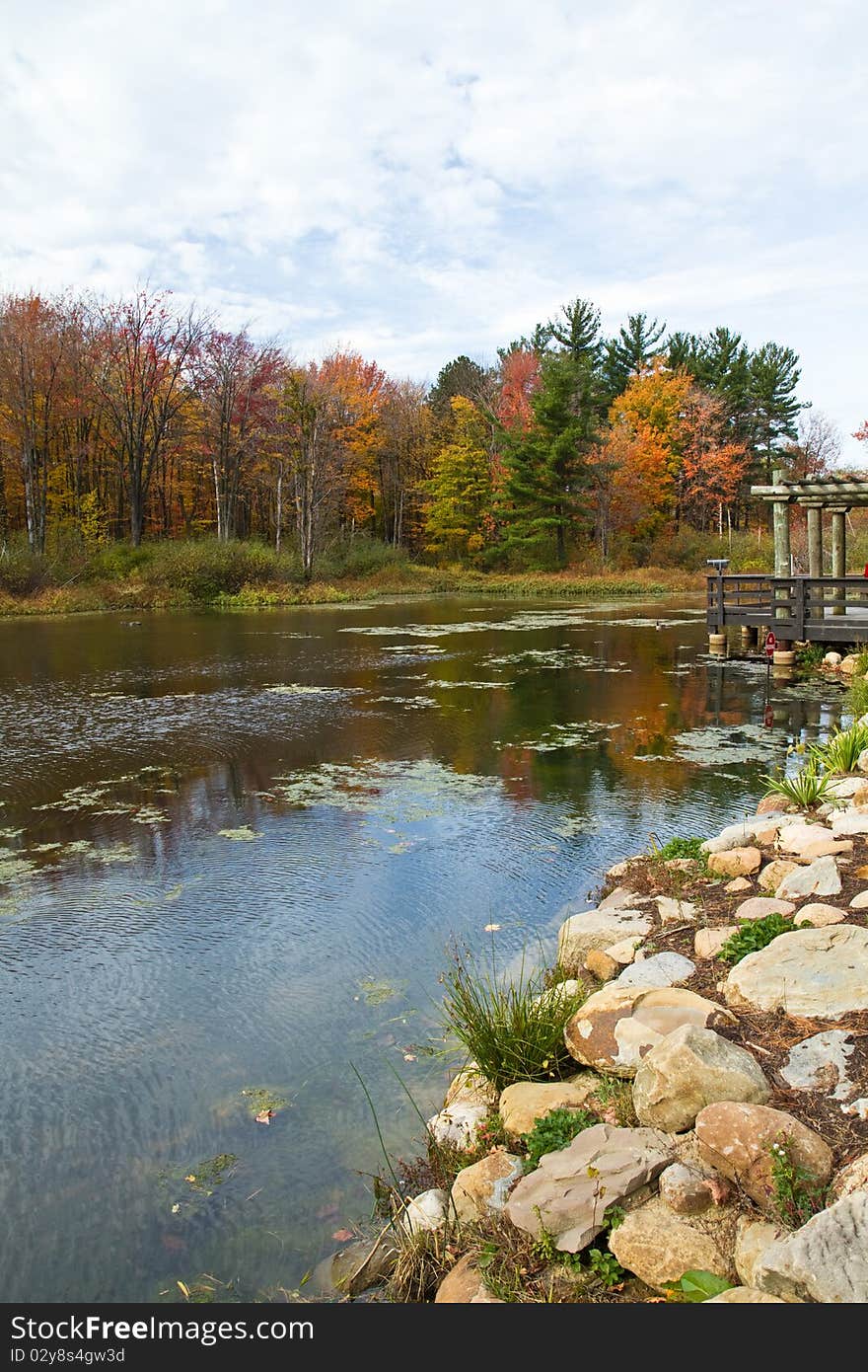 Viewing platform for the duck pond on an autumn day