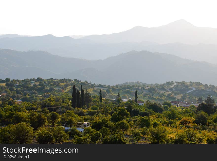 Cyprus countryside landscape, Lefkara village. Mountains at the haze. Cyprus countryside landscape, Lefkara village. Mountains at the haze