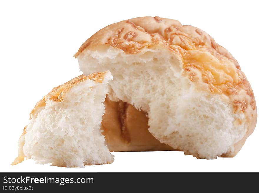 Rich white bread topped with cheese on a white background.