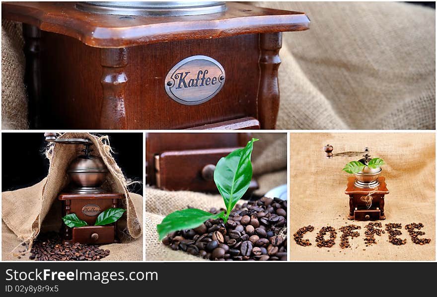 Collage vintage coffee grinder, sign coffe from coffee granules and coffee plant. Collage vintage coffee grinder, sign coffe from coffee granules and coffee plant