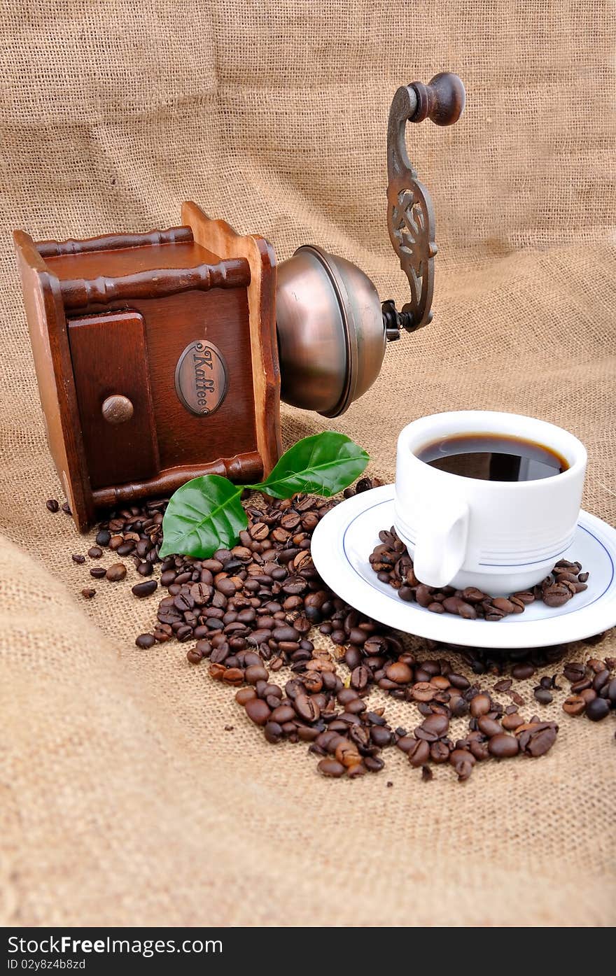 Vintage coffee grinder and coffe plant in granules