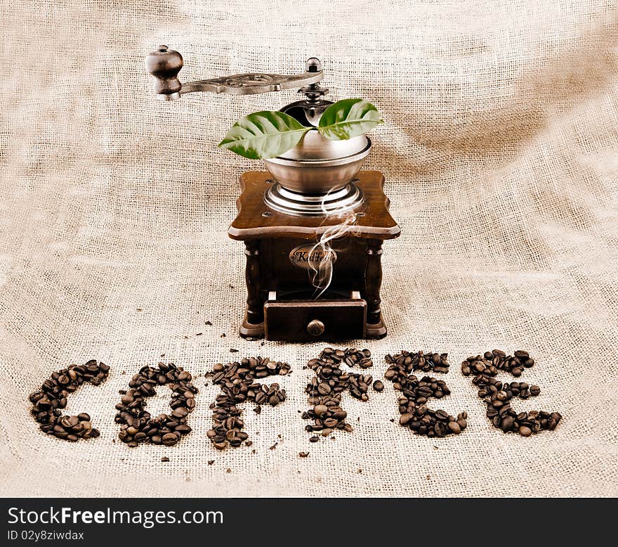 Vintage coffee grinder and sign coffe from coffee granules with coffee plant