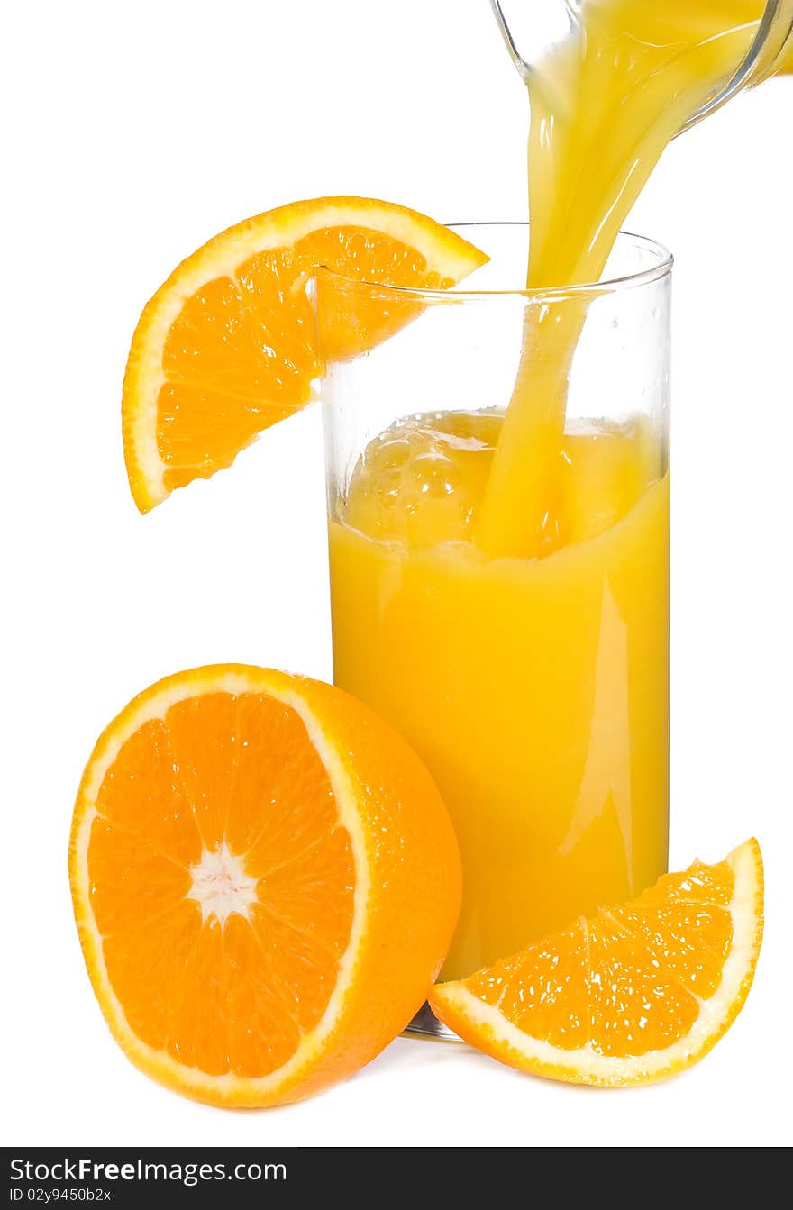 Orange juice with slice of orange on white background