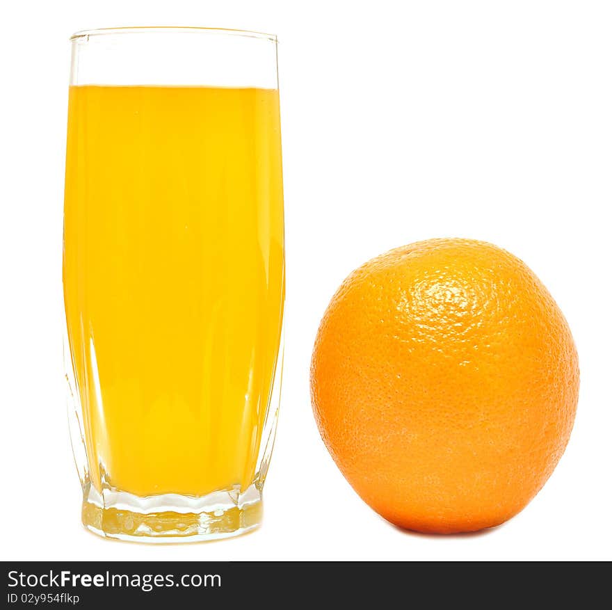 Fresh orange and orange juice on white background