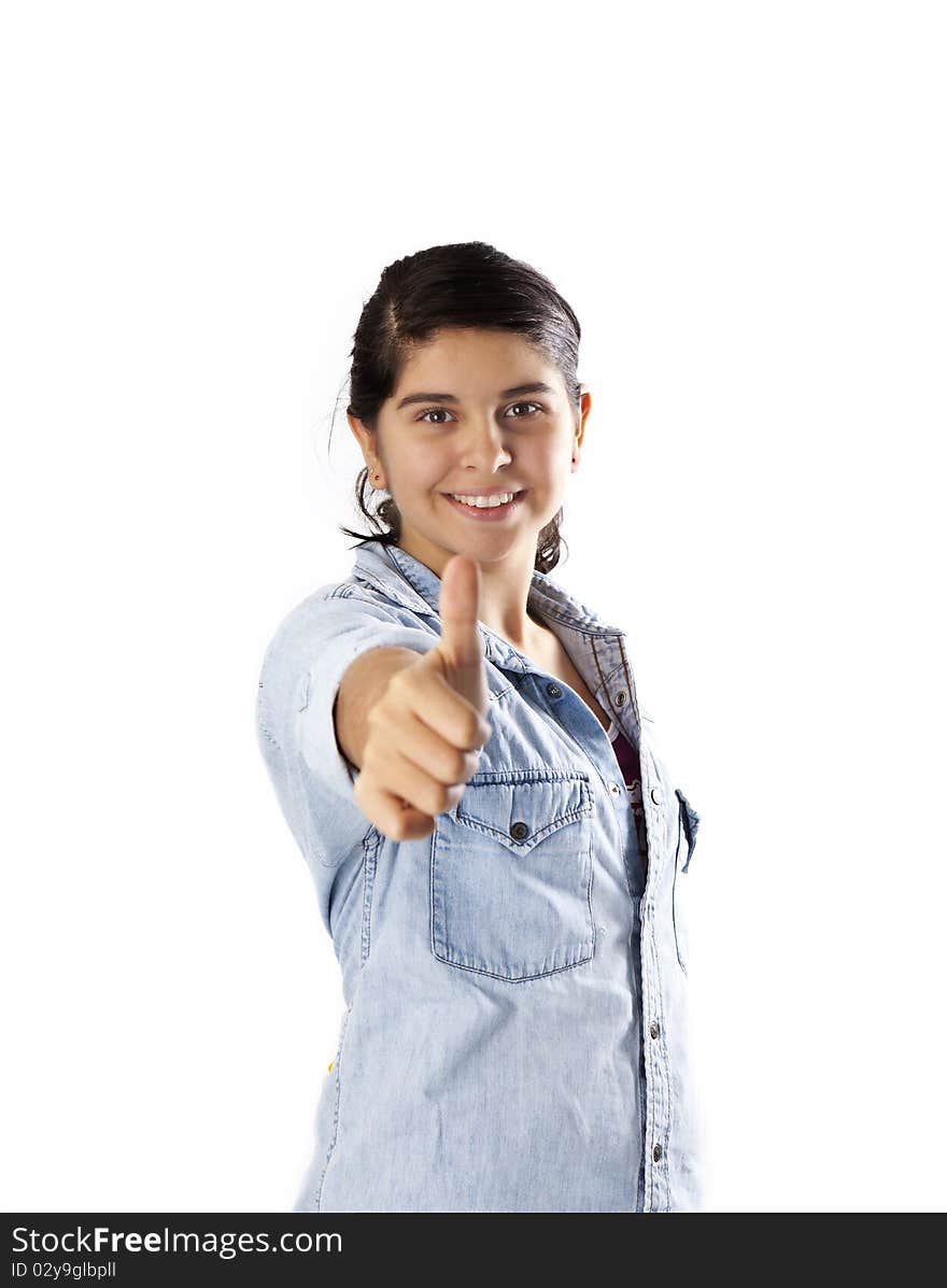 Isolated portrait of teenage girl gesturing thumbs up. Isolated portrait of teenage girl gesturing thumbs up