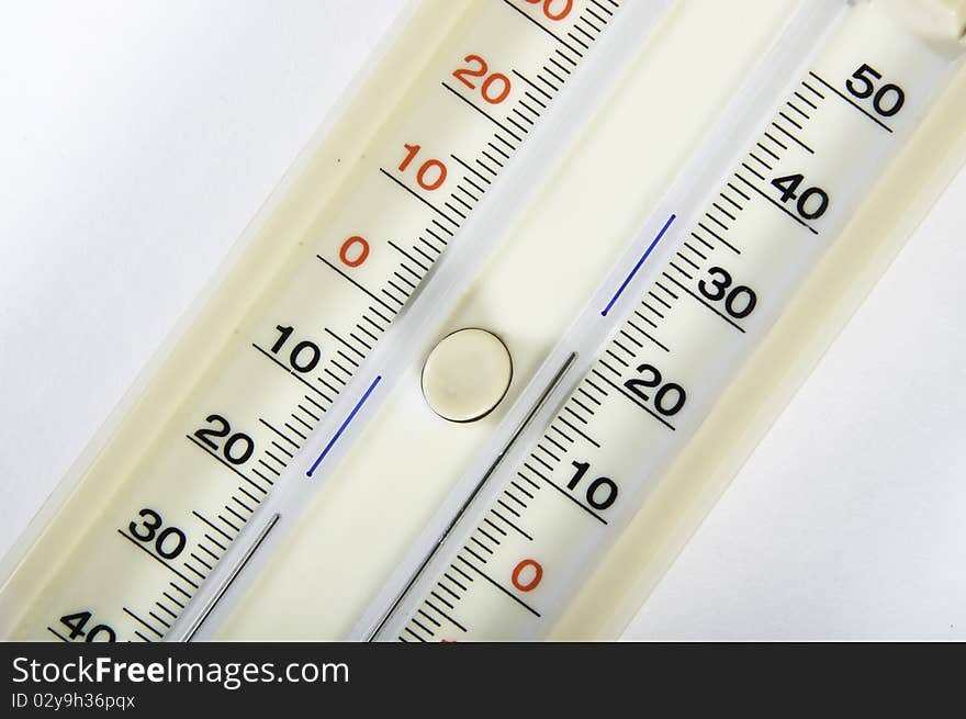 This image shows a maximum and minimum thermometer, seen up close