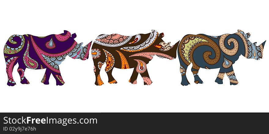 Patterned ethnic rhino in ethnic style with a white background