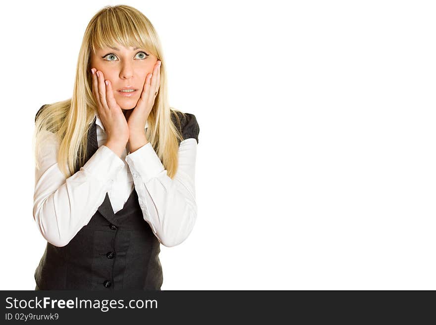 Beautiful young professional business woman expressed surprise, her hands lying on her face. Isolated on a white background