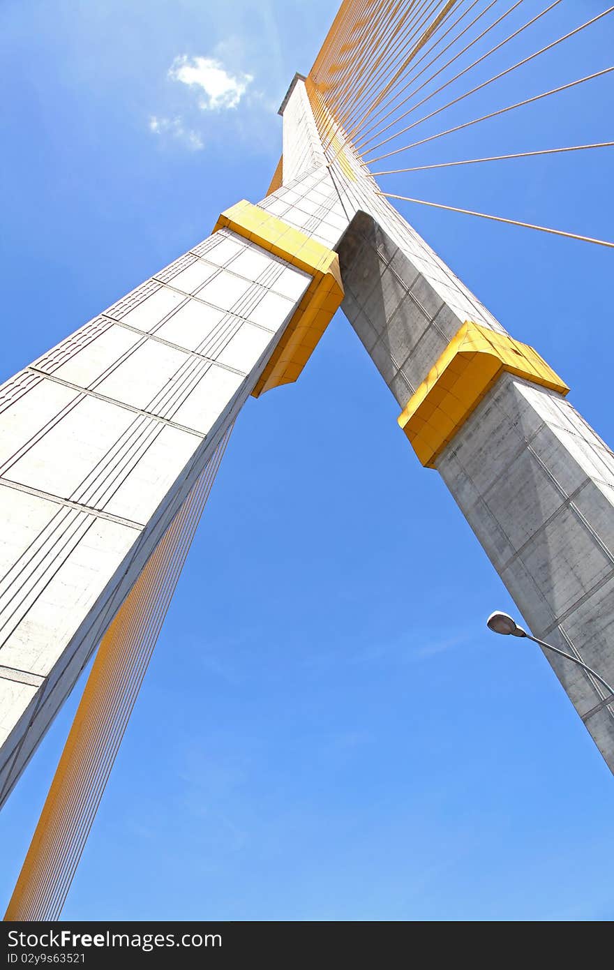 Column of Mega sling Bridge,Rama 8, near Harbor with beautiful sunny in Bangkok