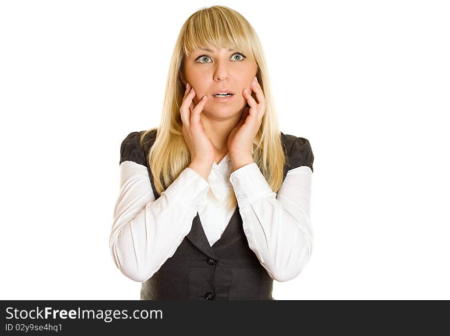 Beautiful young professional business woman expressed surprise, her hands lying on her face. Isolated on a white background