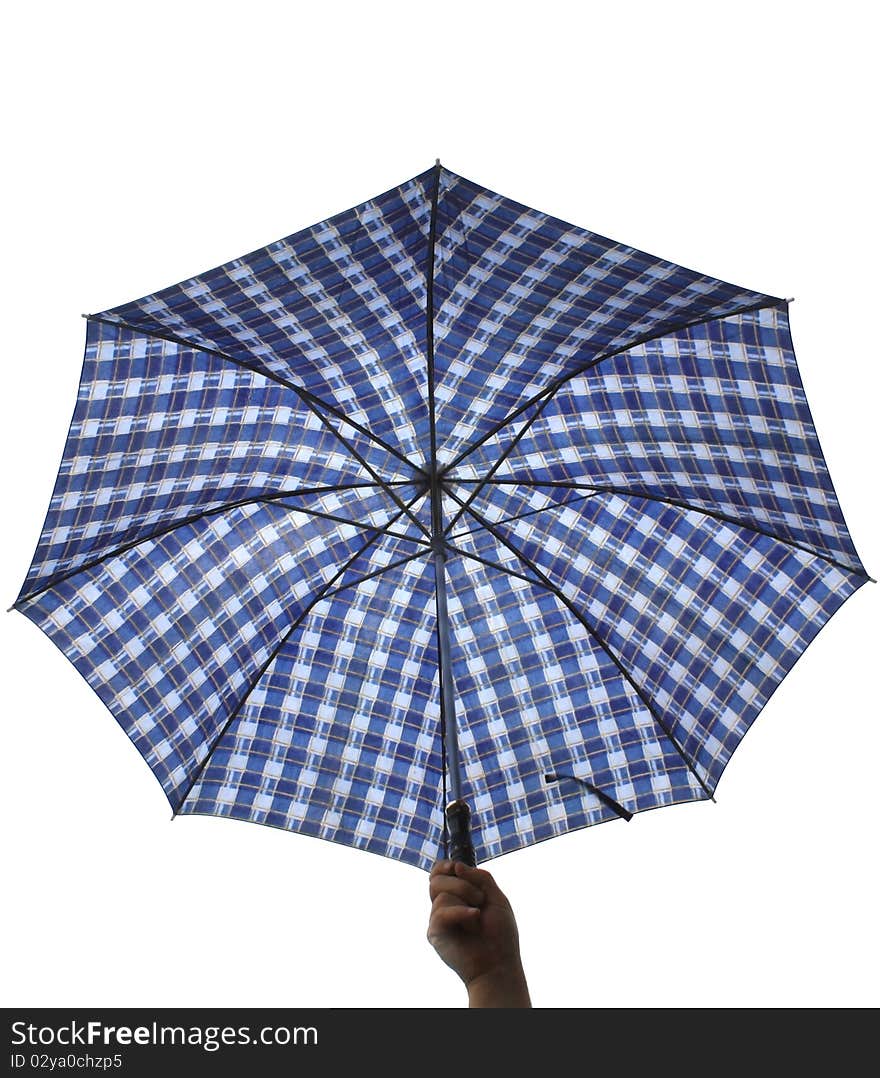 A hand holding an umbrella in the air. Isolated on white background. A hand holding an umbrella in the air. Isolated on white background.