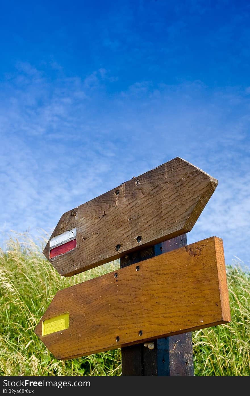 Two wooden signs in field