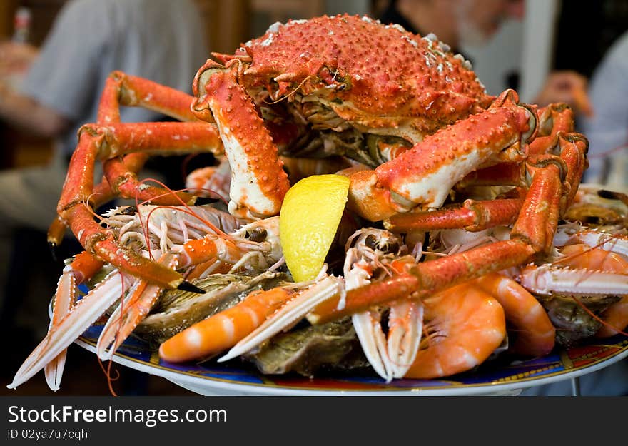 Seafood plate with crab, prawns, shrimps. Seafood plate with crab, prawns, shrimps