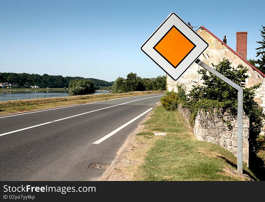 Traffic sign thoroughfare on contry road along Loire river. Traffic sign thoroughfare on contry road along Loire river