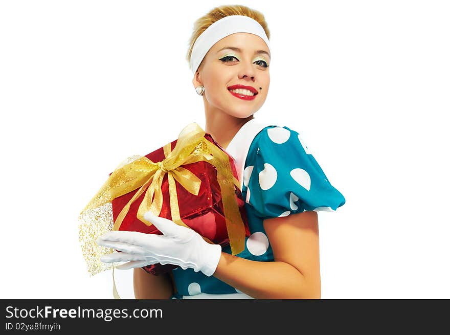 Young woman with colorful gifts isolated on a white background